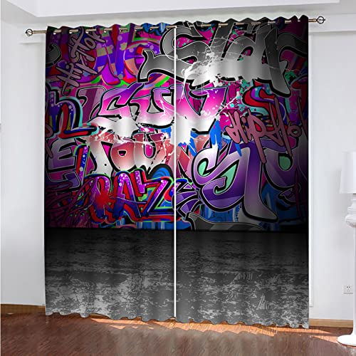 SATUSA Vorhang Blickdicht 3D Kunst-Graffiti Muster Ösenschal 2Er Set 200X160Cm Fenster Gardinen Mit Ösen Verdunkelungsvorhang Wohnzimmer Kinderzimmer Thermovorhang Schallschutz Vorhänge von SATUSA