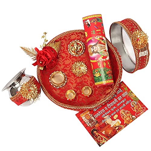 SATYA EXPORTS Satyaexports Karwa Chauth Pooja Thali Set-1 (9 Stück), mehrfarbig, 27,9 x 27,9 x 2,5 cm von SATYA EXPORTS