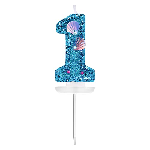 7,5cm Zahlen Geburtstagskerzen für Torte, Blau Muschel Pailletten Zahlenkerzen Glitzer Zahlenkerze Geburtstagskerzen Nummer Cake Topper für Geburtstag Jubiläum Meerjungfrauen Themenparty (1) von SAVITA