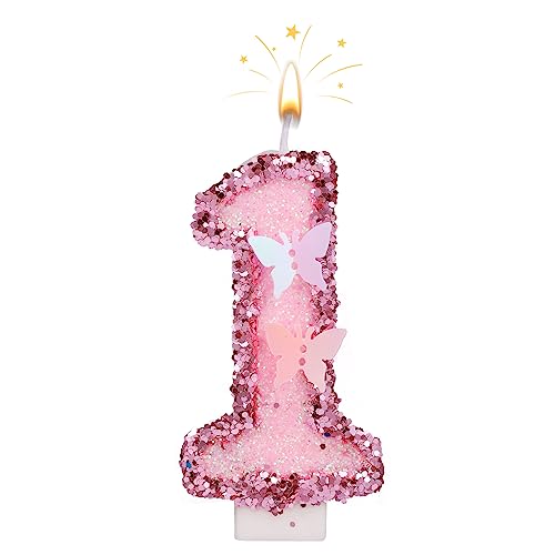 7cm Geburtstag Nummer Kerzen, Glitzernde Zahlenkerze Rosa Zahlenkerzen Kuchenaufsatz Schmetterlings-Geburtstagskerzen mit Pailletten für Jubiläumsfeiern (Nummer 1) von SAVITA