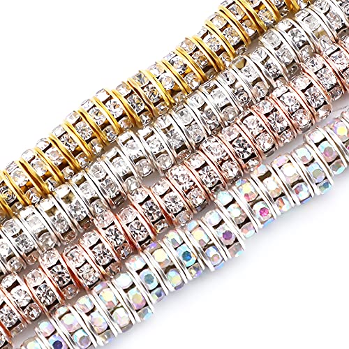 SAVITA 200 Stück 8 mm Rondelle Perlen Strass Kristall Abstandshalter rund lose für Armband Halskette Schmuckherstellung Dekoration (Silber, Gold, Roségold, AB bunt) von SAVITA