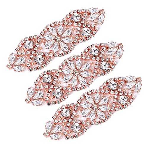 SAVITA 3 Stück Strass Applikationen, 9,5 x 3 cm Strass Aufnäher zum Aufbügeln, Bling Rhinestone Applique, Strassapplikationen Hochzeit für Braut Kleidung Gürtel Kleid (Roségold) von SAVITA