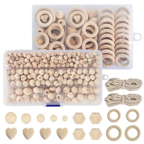 372 Stück Natürliche Holzperlen Und 42 Stück Holzringe Set, 8mm bis 40mm Gemischte Größe Zwischenperlen mit 20m Baumwollseil, Holzperlen zum auffädeln Natur für DIY Schmuck Herstellung von SAVOSWEET