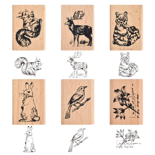 6 Stück Holz Tierstempel, Pflanze Tiere Gummistempel aus Holz, Waldtiere Stempel-Set mit Tiere und Pflanzen-Waldmuster, Süßes Tiere Stempel Vintage für Scrapbooking Bastelmarken Dekorative Siegel von SAVOSWEET