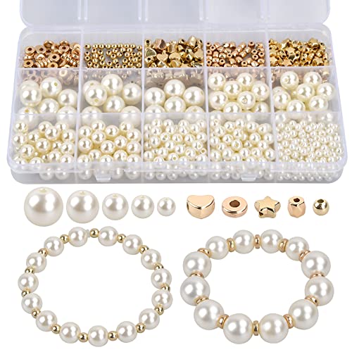 720 Stück Weiß Glasperlen Set, Runde Schmuckperlen, 4/6/8/10/12MM Perlen zum Auffädeln, 5 Formen Gold Abstandsperlen, mit Aufbewahrungsbox, für Halsketten Armbänder Hochzeit Dekoration von SAVOSWEET