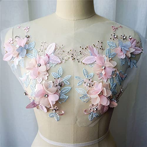 Nähen von Aufnähern, 3D-Blumen-Spitzenstoff, Perlen, Strass, bestickte Kleid-Applikationen, Aufnäher for Hochzeitsdekoration, Kleid, DIY(Blue Pink) von SBJKLYRN