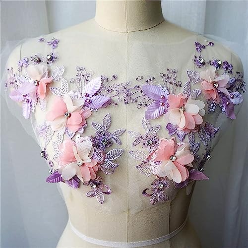 Nähen von Aufnähern, 3D-Blumen-Spitzenstoff, Perlen, Strass, bestickte Kleid-Applikationen, Aufnäher for Hochzeitsdekoration, Kleid, DIY(Pink Purple) von SBJKLYRN