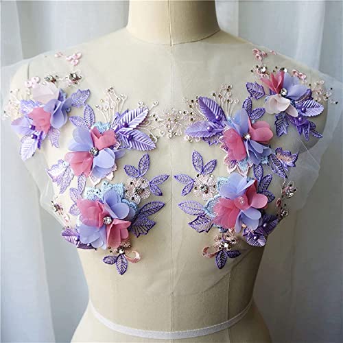 Nähen von Aufnähern, 3D-Blumen-Spitzenstoff, Perlen, Strass, bestickte Kleid-Applikationen, Aufnäher for Hochzeitsdekoration, Kleid, DIY(Purple) von SBJKLYRN