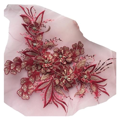 Nähen von Aufnähern, Blumen-Hochzeitskleid-Applikation, Spitzenstoff, Stickerei, Nähte for Kleid, DIY-Dekoration(Wine Red) von SBJKLYRN