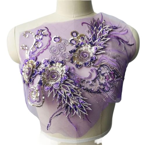 Nähen von Aufnähern, Lila Spitze Stoff Pailletten 3D Blume Quaste Hochzeitskleid Applikationen Gestickte Borten Kragen Nähen Patch for Kleid DIY Dekoration von SBJKLYRN