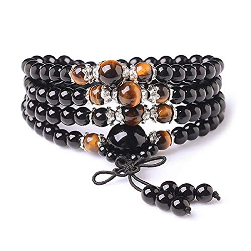 SBJKLYRN Schwarze Obsidian Armbänder, Naturstein Schwarzer Obsidian mit Tigerauge Stein Armband Männer Frauen 108 Perlen Stretch Armbänder 6mm 8mm Buddha Rosenkranz von SBJKLYRN