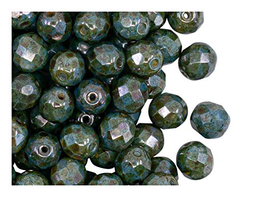 100 Stück Tschechische Facettierten Glasperlen Fire-Polished Rund 8 mm, Kreideweiße blaue Glasur von SCARA BEADS GET INSPIRED