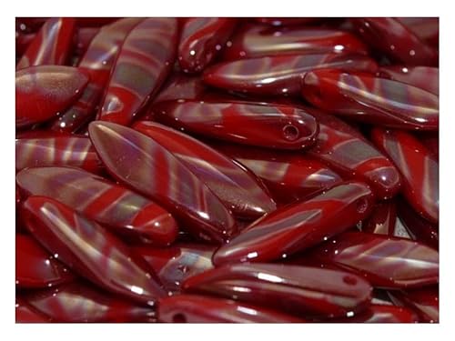 100 pcs Dolchperlen 5x16 mm, Undurchsichtiger Rote Celsian-Streifen, Tschechisches Glas (Dagger Beads) von SCARA BEADS GET INSPIRED