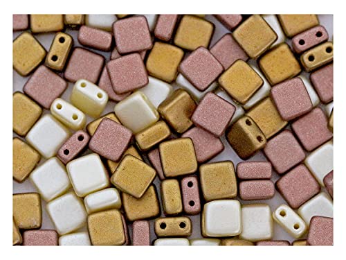 150 pcs Gepresste Glasperlen Tile 6x6x2,9 mm, 2-Loch, Mischen Sahne Rosaline Bronze, Tschechisches Glas (Tile Beads) von SCARA BEADS GET INSPIRED