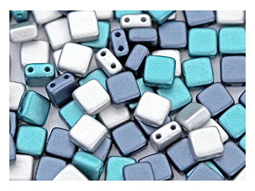 150 pcs Gepresste Glasperlen Tile 6x6x2,9 mm, 2-Loch, Mischen Silber Montana Blau Aqua, Tschechisches Glas (Tile Beads) von SCARA BEADS GET INSPIRED