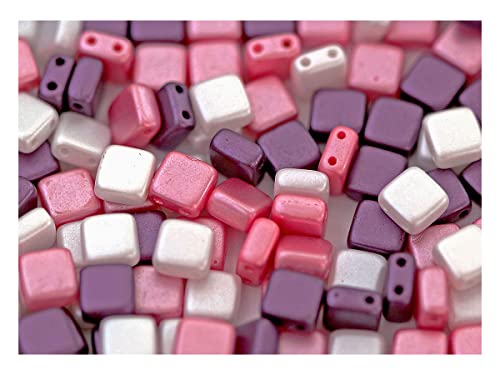 150 pcs Gepresste Glasperlen Tile 6x6x2,9 mm, 2-Loch, Mischung Weiß Bordeaux Rosa, Tschechisches Glas (Tile Beads) von SCARA BEADS GET INSPIRED