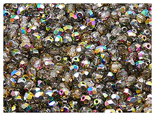 600 Stück Tschechische Facettiert Glasperlen, Fire-Polished Beads, Rund 4mm, Crystal/Vitrail (Transparent with Rainbow Finish) von SCARA BEADS GET INSPIRED