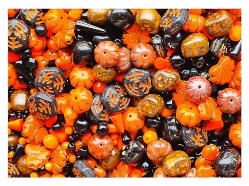65 g Einzigartige Mischung aus verschiedenen Formen und Größen tschechischer Glasperlen für Schmuckherstellung, Perlen und Perlen-Sortimente. Orange-Schwarz Halloween von SCARA BEADS GET INSPIRED
