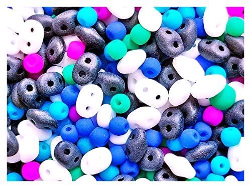 Mix Beads ScaraBeads, 35 g, Mischung aus Tschechischen Pressglasperlen (SuperDuo - 2.5x5mm und Runden Neonperlen - 3mm), Schwarz und Weiß Matt mit Kaltem Neon-Set (Lila, Blau, Dunkelblau, Dunkelgrün) von SCARA BEADS GET INSPIRED