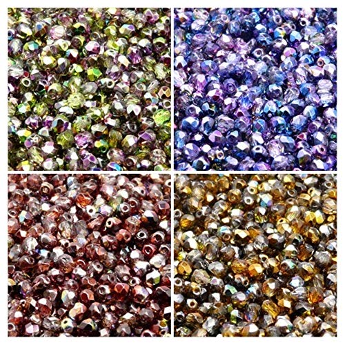 Tschechische Facettierte Glasperlen, Fire-Polished, Rund 4 mm. Set – über 400 Perlen-Set mit 4-mm-Armbandperlen in 4 verschiedenen Farben von SCARA BEADS GET INSPIRED