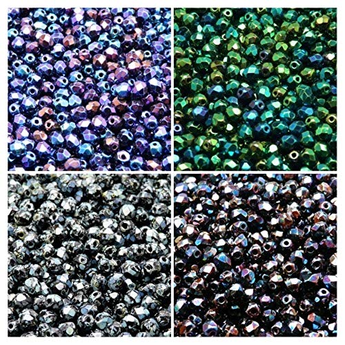 Tschechische Facettierte Glasperlen, Fire-Polished, Rund 4 mm. Set – über 400 Perlen-Set mit 4-mm-Armbandperlen in 4 verschiedenen Farben von SCARA BEADS GET INSPIRED