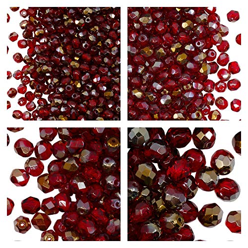 Set aus Tschechischen Fire-Polished Rund Glasperlen in Rubin Valentinit Farbe zum Herstellen von Schmuck und Bastelarbeiten - Verschiedene Größen 3 mm, 4 mm, 6 mm, 8 mm. Insgesamt 275 Stück. von SCARA BEADS GET INSPIRED