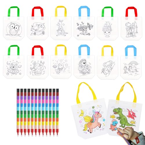 SCBOY Stoffbeutel kinder set 12 Stück DIY taschen zum bemalen für kinder und 12 Farbe Buntstifte (12 Farben in 1) Ideal für Mitgebsel kindergeburtstag,Kindergeburtstag gastgeschenke von SCBOY