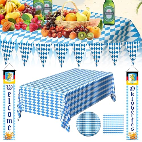 Oktoberfest-Dekorationsset, Oktoberfest-Flaggenbanner, blau-weiße Hof-Bierfest-Dekoration, Willkommensbanner-Schild for die Oktoberfest-Veranda(Small squares) von SCDOA