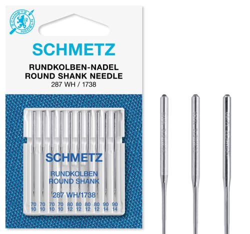 SCHMETZ Nähmaschinennadeln I 287 WH und DBx1 | 10 Rundkolbennadeln für die Systeme 287 WH, DBx1, 1738 und SY 2270 | Nadeldicken 4x 70/10 / 4x 80/12 / 2x 90/14 von SCHMETZ