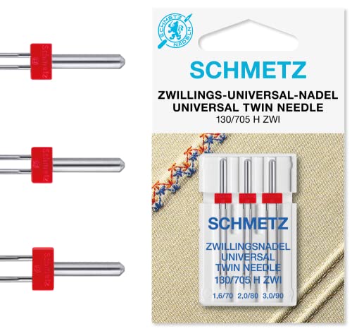 SCHMETZ Nähmaschinennadeln | 3 Zwillings-Universal-Nadeln | Nadeldicke 1,6/70 2,0/80 3,0/90 | 130/705 H ZWI SORT. | auf allen Haushaltsnähmaschinen mit Zickzack-Funktion einsetzbar von SCHMETZ