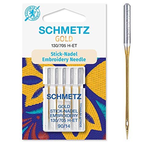 SCHMETZ Nähmaschinennadeln 5 Gold Stick-Nadeln | 130/705 H-ET | Nadeldicke: 90/14 | geeignet für das Sticken mit Stickmaschinen und das Nähen mit alle gängige Haushalts-Nähmaschinen von SCHMETZ
