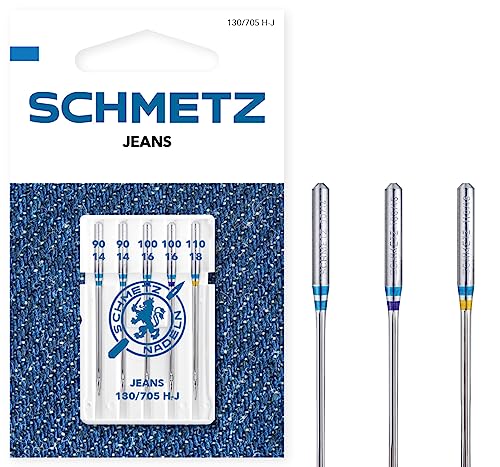 SCHMETZ Nähmaschinennadeln | 5 Jeans-Nadeln | 130/705 H-J | Nadeldicken 2x 90/14, 2x 100/16 und 1x 110/18 | geeignet für das Verarbeiten von Jeans und ähnlichen Stoffen von SCHMETZ