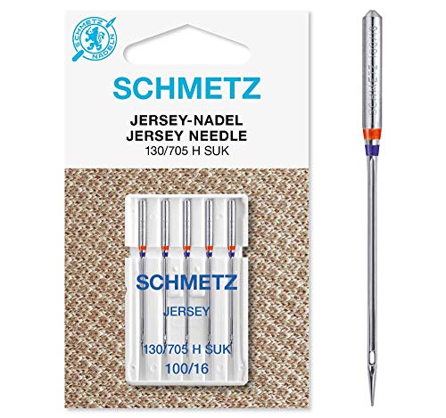 SCHMETZ Nähmaschinennadeln | 5 Jersey-Nadeln | 130/705 H SUK | Nadeldicke 100/16 | auf allen gängigen Haushaltsnähmaschinen einsetzbar | geeignet für das Verarbeiten von Jersey, Strick- und Wirkwaren von SCHMETZ