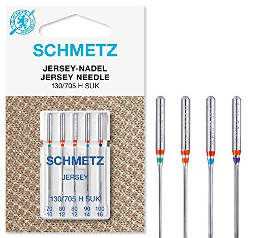 SCHMETZ Nähmaschinennadeln | 5 Jersey-Nadeln | 130/705 H SUK | Nadeldicken 1x 70/10, 2x 80/12, 1x 90/14 und 1x 100/16 | auf allen gängigen Haushaltsnähmaschinen einsetzbar von SCHMETZ