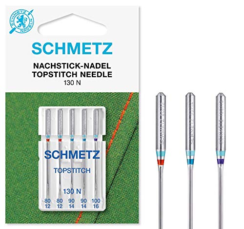 SCHMETZ Nähmaschinennadeln | 5 Nachstick-Nadeln (5 Topstitch-Nadeln) | 130 N | Nadeldicken 2x 80/12, 2x 90/14 und 1x 100/16 I Sortiert | auf allen gängigen Haushaltsnähmaschineneinsetzbar von SCHMETZ