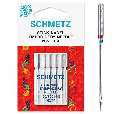 SCHMETZ Nähmaschinennadeln I 5 Stick-Nadeln | 130/705 H-E | Nadeldicke 90/14 | geeignet für das Nähen und Sticken auf allen gängigen Haushaltsnähmaschinen und Haushaltsstickmaschinen von SCHMETZ