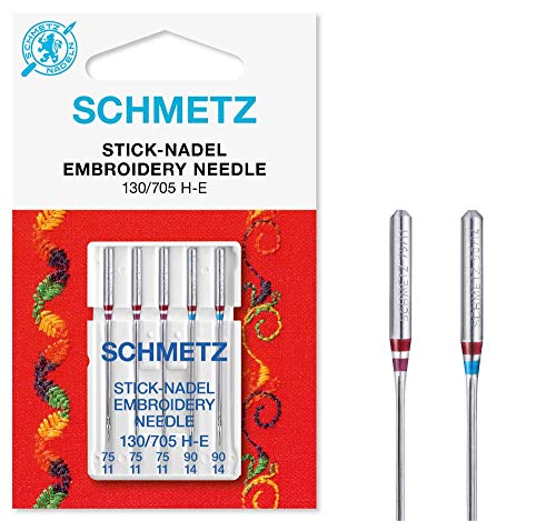 SCHMETZ Nähmaschinennadelset | 5 Stick-Nadeln | 130/705 H-E | Nadeldicken 3x 75/11, 2x 90/14 | auf allen gängigen Haushaltsnähmaschinen einsetzbar von SCHMETZ