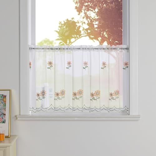 SCHOAL Scheibengardine Landhaus Bestickte Küche Gardine Tunnelzug Bistrogardine Voile Kurzgardine Transparent HxB 60x120cm 1 Stück von SCHOAL