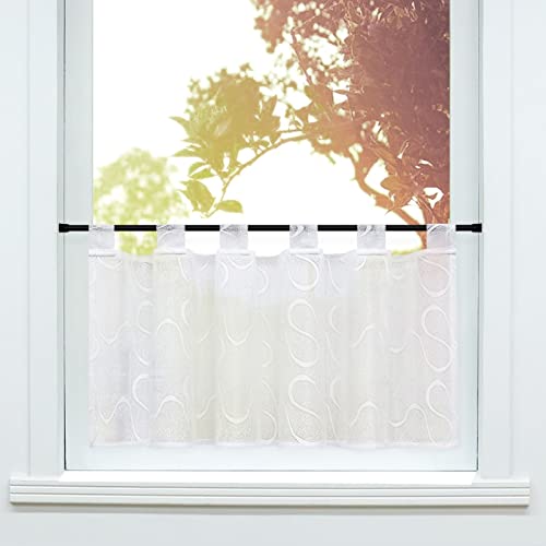 SCHOAL Scheibengardine mit Schlaufen Bistrogardinen Landhaus Set Küche Gardinen 2 Pieces Kurzstores Jacquard Vorhänge Transparent Kurzgardine Weiß HxB 45x90cm 2 Stück von SCHOAL