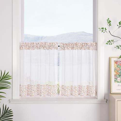 SCHOAL Scheibengardine mit Tunnelzug Leinenoptik Bistrogardine mit Blumen Transparenter Kurzstores Landhaus Kurzgardine 1 Stück HxB 45x120 cm Orange von SCHOAL