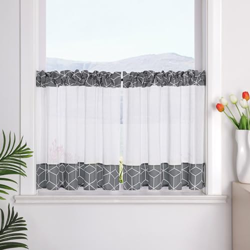 SCHOAL Scheibengardine mit Tunnelzug Leinenoptik Bistrogardine mit Karo Transparenter Kurzstores Landhaus Kurzgardine 1 Stück HxB 60x90 cm Grau von SCHOAL