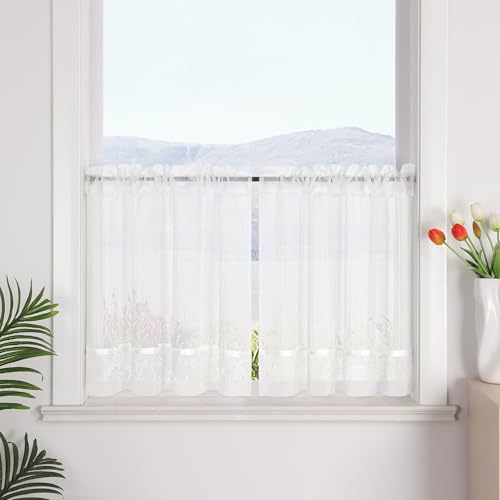 SCHOAL Scheibengardine mit Tunnelzug Transparent Vorhang 1 Stück Leinenoptik Kurzgardine Landhaus Bistrogardine HxB 120x125 Weiß von SCHOAL