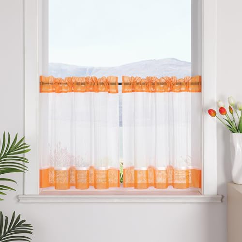 SCHOAL Scheibengardine mit Tunnelzug Transparent Vorhang 1 Stück Leinenoptik Kurzgardine Landhaus Bistrogardine HxB 60x120 Orange von SCHOAL