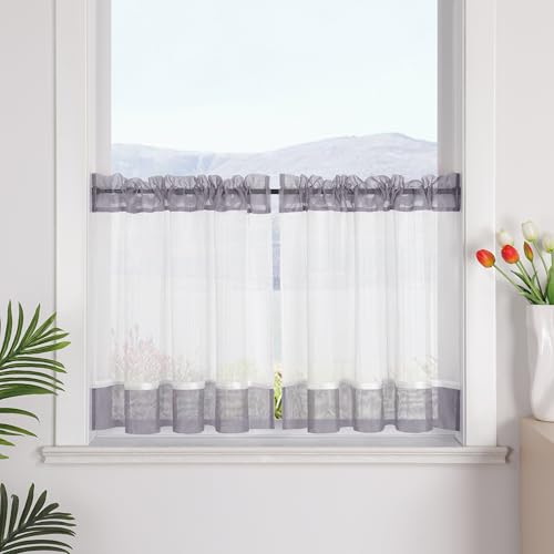 SCHOAL Scheibengardine mit Tunnelzug Transparent Vorhang 1 Stück Leinenoptik Kurzgardine Landhaus Bistrogardine HxB 90x90 Grau von SCHOAL