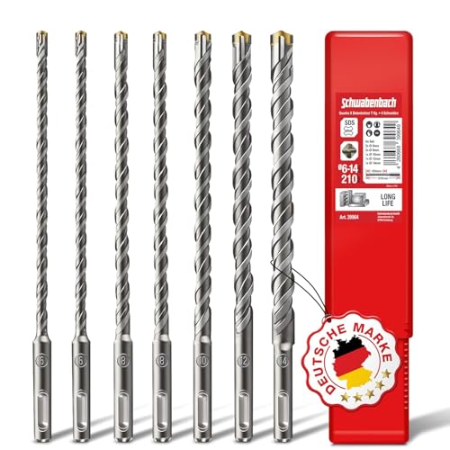 SCHWABENBACH ® SDS PLUS Betonbohrer Set - Super SDS Bohrer Set - 7tlg. 6 8 10 12 14 x 210 mm - Steinbohrer kompatibel mit Bosch Hilti Makita Metabo Bohrhammer - Premium Qualität für Schlagbohrmaschine von SCHWABENBACH