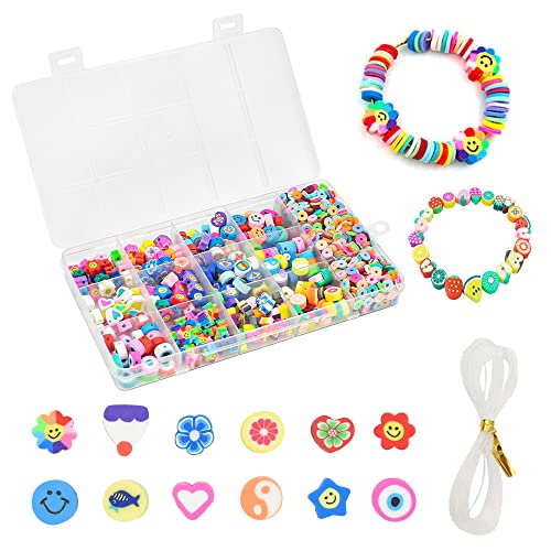 SCHYIDA Perlen Set zum Auffädeln, 990 Stück Clay Beads Clay Perlen Set 10mm Bastelperlen Smiley Perlen Armbänder Selber Machen Armband Perlen mit 1 Rolle Kristalldraht Bunte Perlen für die Herstellung von SCHYIDA