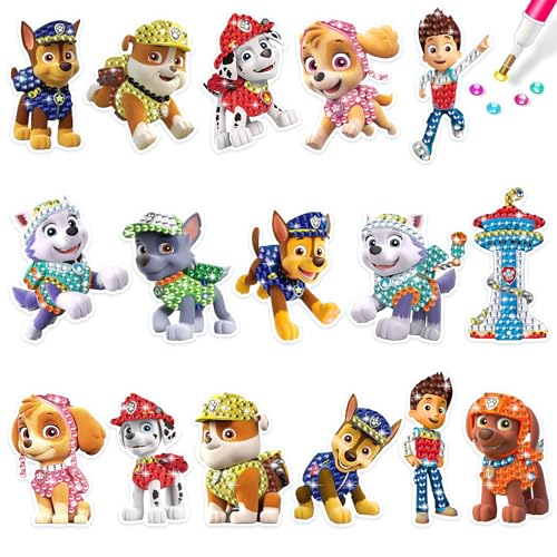 SCOOVY 16 Stück 5D DIY Paaw Doog Paatrol Diamond Painting Set, Cartoon Theme Diamant Malerei Kits, Diamant Aufkleber Kinder, Crystal Diamond Painting,Diamond Bilder Kinder Spielzeug Geschenke von SCOOVY