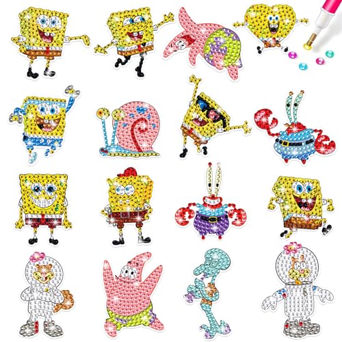 SCOOVY 16 Stück 5D DIY SpoongeBob SqquarePants Diamond Painting Set, Cartoon Theme Diamant Malerei Kits, Diamant Aufkleber Kinder, Crystal Diamond Painting,Diamond Bilder Kinder Spielzeug Geschenke von SCOOVY