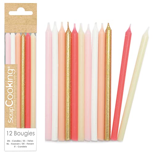 ScrapCooking – 12 lange Kerzen in Rosa & Gold – Kerzen in Gold, Pastellrosa, Koralle & Weiß für Geburtstagskuchen – Dekoration für Kinder und Erwachsene – aus Paraffin mit Spikes – Party Backen – 0359 von ScrapCooking