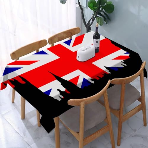 SDAEMQ Häuser gedruckte Tischdecke für Esstisch,Silhouette von London auf dem Hintergrund der Flagge des Vereinigten Königre,100% Baumwolle,maschinenwaschbar,langlebig,rechteckig,Restaurant,137x200 cm von SDAEMQ